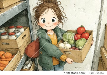 Miyu Series: A scene where Miyu donates leftover food to a local food bank Miyu Series: A scene where Miyu donates leftover food to a local food bank 130988462