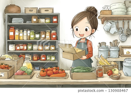 Miyu Series: A scene where Miyu donates leftover food to a local food bank Miyu Series: A scene where Miyu donates leftover food to a local food bank 130988467