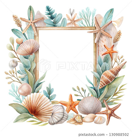 A rectangular white frame with soft watercolor flowers  130988502