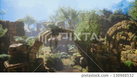 The remnants of old stone structures are intertwined with green ferns and plants under a bright blue sky. Soft sunlight filters through, creating a serene and enchanting atmosphere. The remnants of old stone structures are intertwined with green ferns and plants under a bright blue sky. Soft sunlight filters through, creating a serene and enchanting atmosphere. 130988532