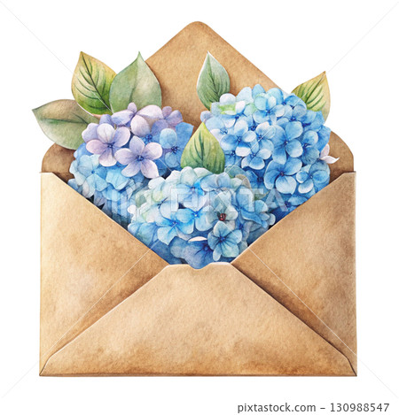 A vintage watercolor brown envelope with a blank card inside, decorated with a flower 130988547