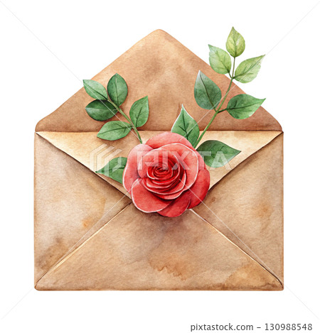 A vintage watercolor brown envelope with a blank card inside, decorated with a flower A vintage watercolor brown envelope with a blank card inside, decorated with a flower 130988548