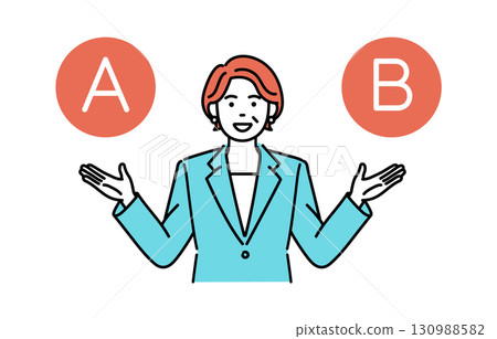 A simple illustration of an adult businesswoman listing and explaining options 130988582