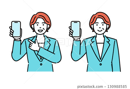 Simple illustration set of an adult businesswoman showing her smartphone screen 130988585
