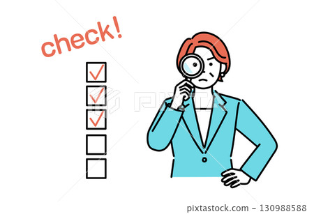 A simple illustration of an adult businesswoman looking through a magnifying glass with a stern expression 130988588