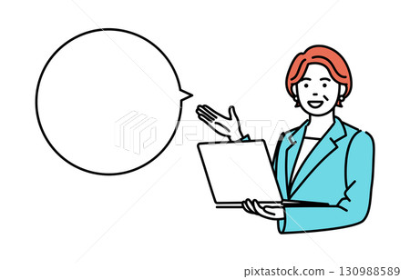 A simple illustration of an adult businesswoman holding a laptop and explaining (with speech bubble) 130988589