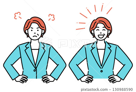 Simple illustration set of an adult business woman angry or laughing with her hands on her hips 130988590