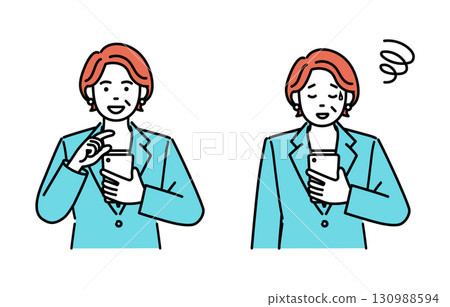 Simple illustration set of an adult business woman operating a smartphone Simple illustration set of an adult business woman operating a smartphone 130988594
