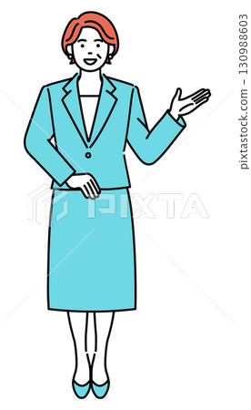 A simple illustration of an adult businesswoman standing and giving guidance 130988603