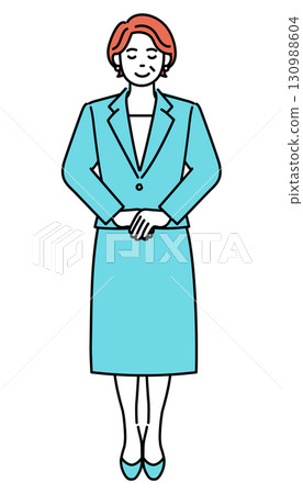 一個簡單的插圖,一位成年女商人站在那裡,面帶微笑,眼睛低垂 一個簡單的插圖,一位成年女商人站在那裡,面帶微笑,眼睛低垂 130988604