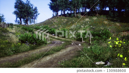 A beautiful dirt path curves through a field of vibrant wildflowers and dense greenery. Tall trees line the hillside under a clear blue sky, creating a peaceful atmosphere in nature. 130988608