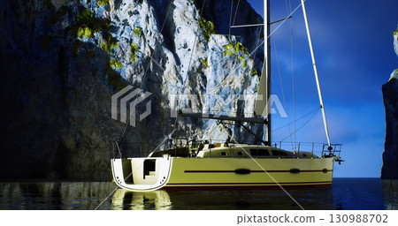 A sailing boat rests peacefully in calm waters, surrounded by towering rocky cliffs illuminated by moonlight. The serene atmosphere captures the beauty of nature and adventure. A sailing boat rests peacefully in calm waters, surrounded by towering rocky cliffs illuminated by moonlight. The serene atmosphere captures the beauty of nature and adventure. 130988702