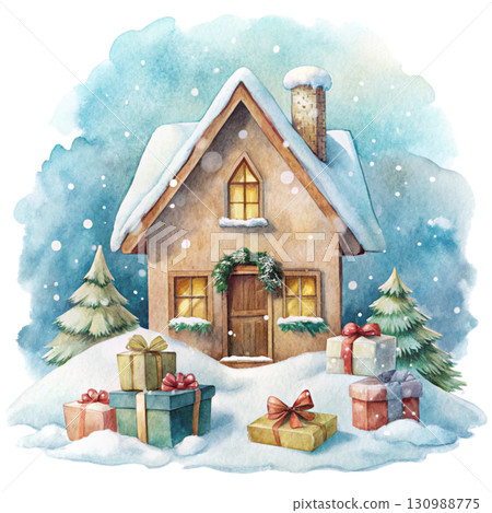Cute little house covered with snow, gift boxes stacked behind 130988775