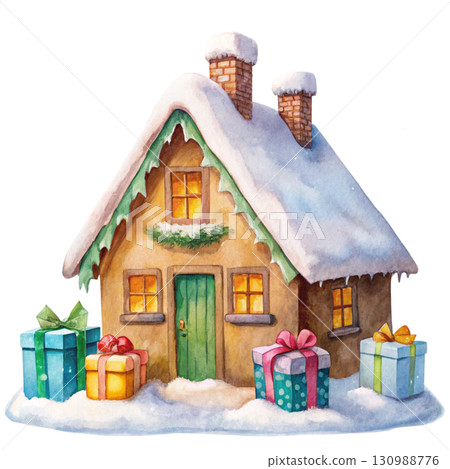 Cute little house covered with snow, gift boxes stacked behind 130988776