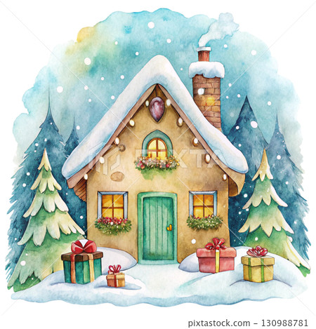Cute little house covered with snow, gift boxes stacked behind 130988781