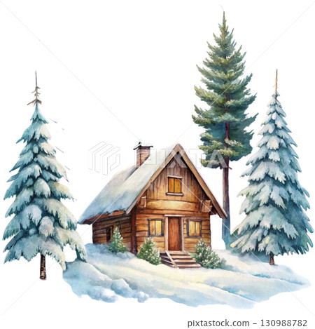 Cute little house covered with snow, gift boxes stacked behind 130988782