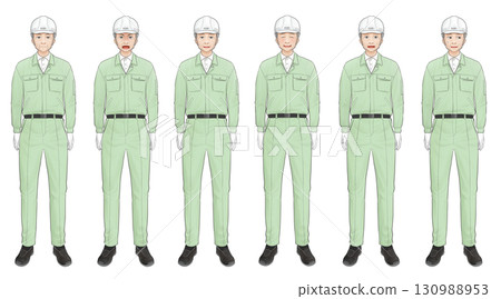 一位戴著白色頭盔和綠色工作服的老人的面部表情集插圖 130988953