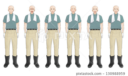 一位老人穿著橡膠靴、脖子上圍著毛巾的表情圖 130988959