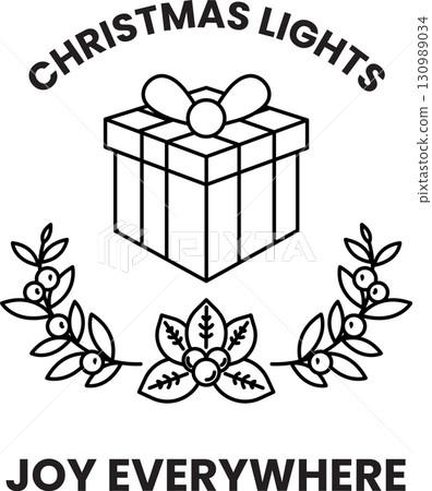 A black and white Christmas lights image with a box and a wreath 130989034