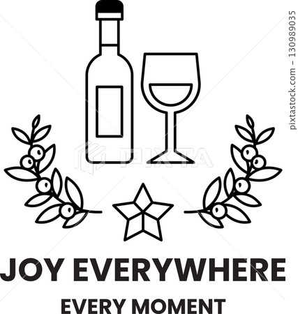 A bottle of wine and a wine glass are shown in a wreath 130989035
