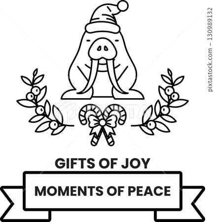 A penguin wearing a hat and a bow is sitting in front of a wreath 130989132