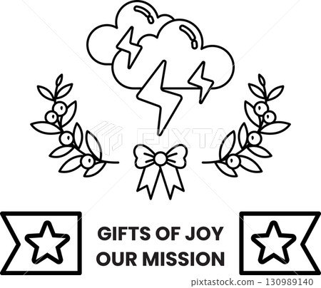 A black and white image of a cloud with a lightning bolt and a bow A black and white image of a cloud with a lightning bolt and a bow 130989140