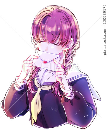 一位身穿水手服、綁著三條辮子的女學生，手裡拿著一封情書，悲傷，背光 130989173