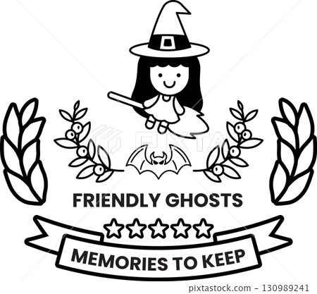 A black and white image of a witch with a broomstick 130989241