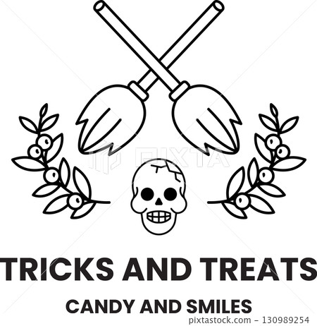 A black and white image of a broom and a skull with the words "Tricks 130989254