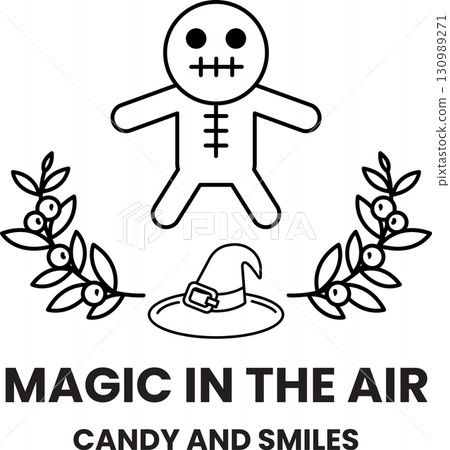 A white and black image of a gingerbread man with a witch hat A white and black image of a gingerbread man with a witch hat 130989271