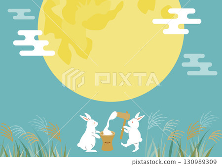 賞月背景_搗麻糬兔_藍綠色 130989309