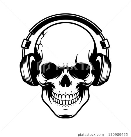 Illustration of skull with headphones. Music skull. Design element for logo, label, design. Vector illustration 130989455