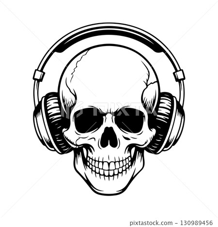 Illustration of skull with headphones. Music skull. Design element for logo, label, design. Vector illustration 130989456