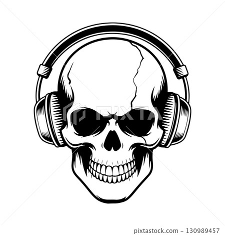 Illustration of skull with headphones. Music skull. Design element for logo, label, design. Vector illustration 130989457