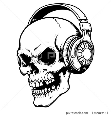 Illustration of skull with headphones. Music skull. Design element for logo, label, design. Vector illustration Illustration of skull with headphones. Music skull. Design element for logo, label, design. Vector illustration 130989461