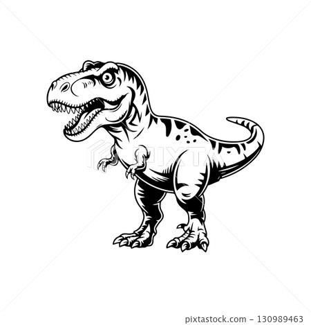 Illustration of Tyrannosaurus isolated on white background. Cartoon dinosaur. Design element for logo, label, design. Vector illustration 130989463