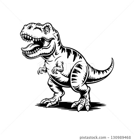 Illustration of Tyrannosaurus isolated on white background. Cartoon dinosaur. Design element for logo, label, design. Vector illustration 130989468