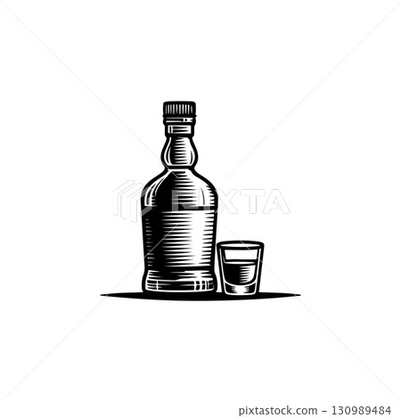 Illustration of bottle of whiskey and glass. Design element for logo, label, design. Vector illustration 130989484