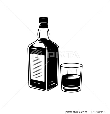Illustration of bottle of whiskey and glass. Design element for logo, label, design. Vector illustration 130989489