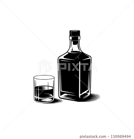 Illustration of bottle of whiskey and glass. Design element for logo, label, design. Vector illustration 130989494