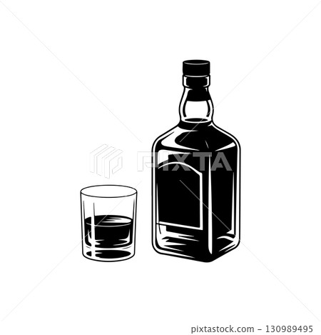 Illustration of bottle of whiskey and glass. Design element for logo, label, design. Vector illustration Illustration of bottle of whiskey and glass. Design element for logo, label, design. Vector illustration 130989495
