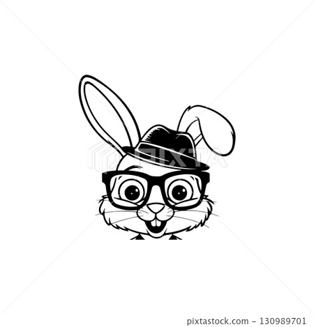 Illustration of rabbit head with hat. Design element for logo, label, sign. Vector illustration 130989701