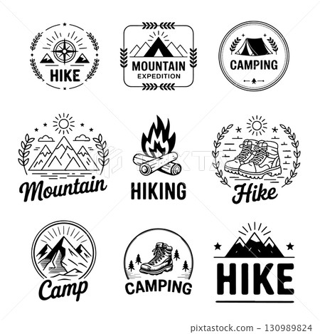 Set of camping, hiking, mountains, outdoor emblems, badges and design elements. Vector illustration 130989824