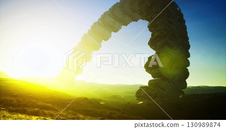 A massive alien ship gracefully arches towards the sunlit horizon, casting long shadows over lush hills. The sky bursts with colors as the ship hovers, hinting at otherworldly technology. A massive alien ship gracefully arches towards the sunlit horizon, casting long shadows over lush hills. The sky bursts with colors as the ship hovers, hinting at otherworldly technology. 130989874
