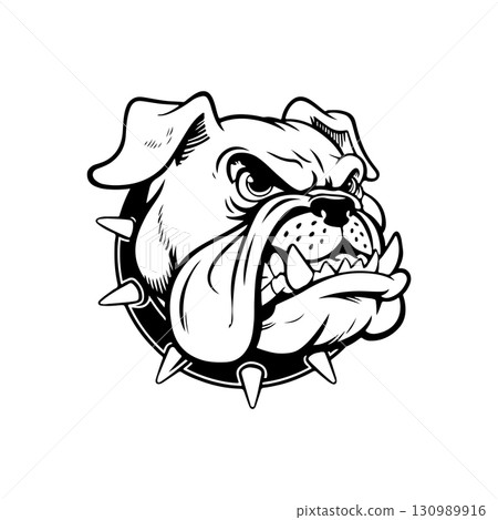 Illustration of bulldog head. Design element for logo, label, sign. Vector illustration 130989916