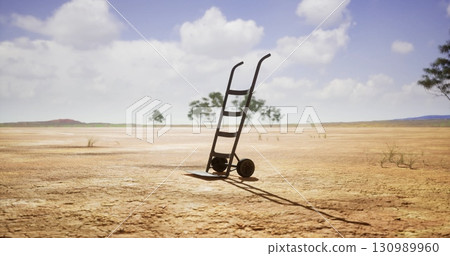 A solitary hand truck rests on parched, cracked soil, surrounded by sparse vegetation. The clear sky above and distant hills create a sense of quiet desolation in this barren landscape. A solitary hand truck rests on parched, cracked soil, surrounded by sparse vegetation. The clear sky above and distant hills create a sense of quiet desolation in this barren landscape. 130989960
