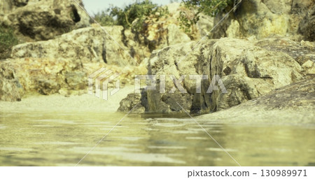 Warm sunlight bathes the serene waters as gentle waves lapping against rugged rocks create a peaceful atmosphere. Coastal flora frames the idyllic scene, inviting relaxation. 130989971