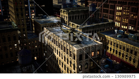 A helicopter touches down on the rooftop of an old building amidst a bustling city skyline at night. City lights shimmer, casting a dynamic glow on the surrounding structures and streets. A helicopter touches down on the rooftop of an old building amidst a bustling city skyline at night. City lights shimmer, casting a dynamic glow on the surrounding structures and streets. 130989975