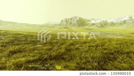 Vast expanse of unusual flora covers rolling hills, surrounded by majestic mountains. The ethereal light creates an otherworldly atmosphere during the magical twilight hour. 130990010