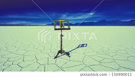 An easel stands alone on an expansive salt flat under a striking blue sky. The cracked terrain highlights its isolation, while distant mountains frame the ethereal landscape. 130990011